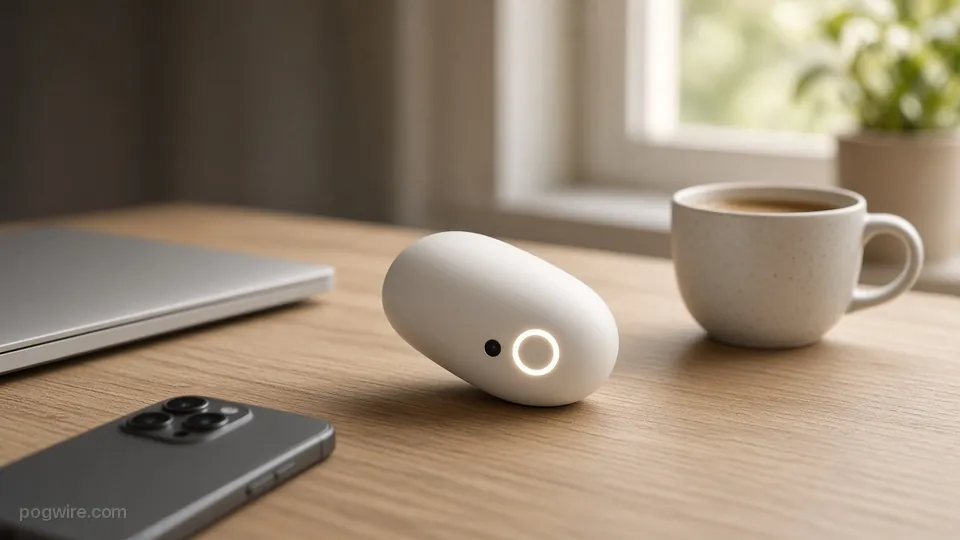 Illustration: a small white pebble-shaped gadget with a camera lens on a wooden desk beside a laptop, a phone and a coffee cup