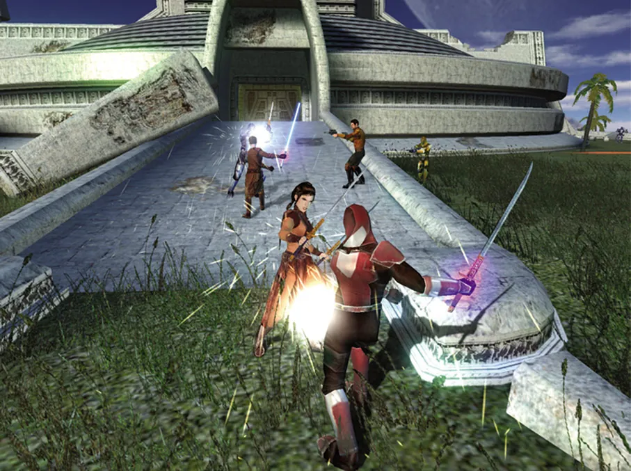 A lightsaber duel on the steps of a stone temple in Star Wars: Knights of the Old Republic