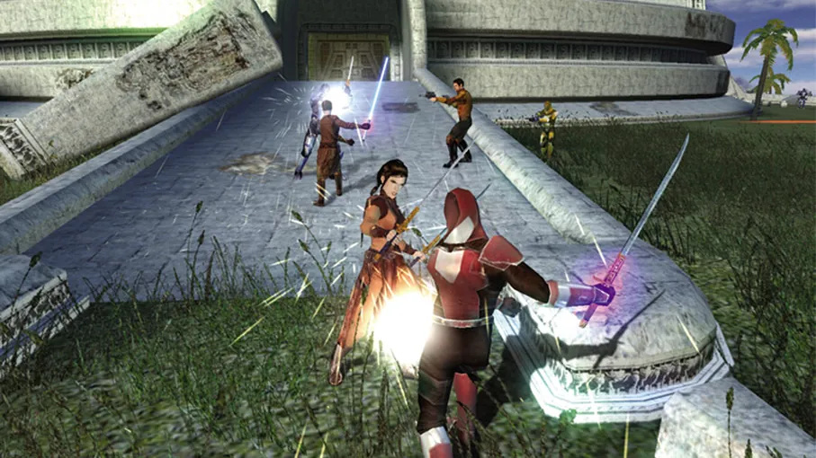 A lightsaber duel on the steps of a stone temple in Star Wars: Knights of the Old Republic