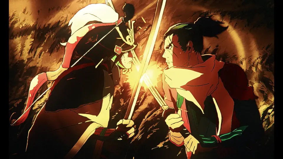 Two swordsmen clash blades in a shower of sparks in a hand-drawn scene from Sekiro: No Defeat