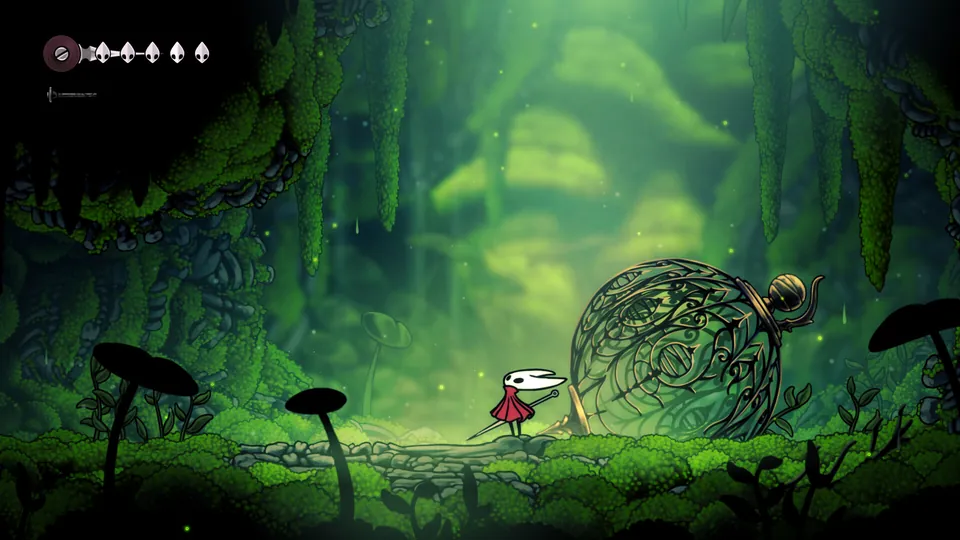 Hornet stands in a green, mossy forest next to a large woven ball in Hollow Knight: Silksong