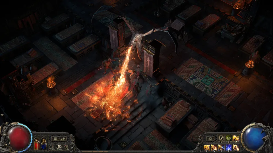 A winged creature breathes fire across a stone temple floor in Path of Exile 2