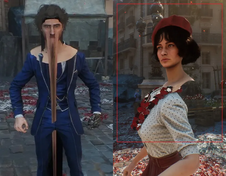 Two Expedition characters in costume pose side by side in a ruined city street