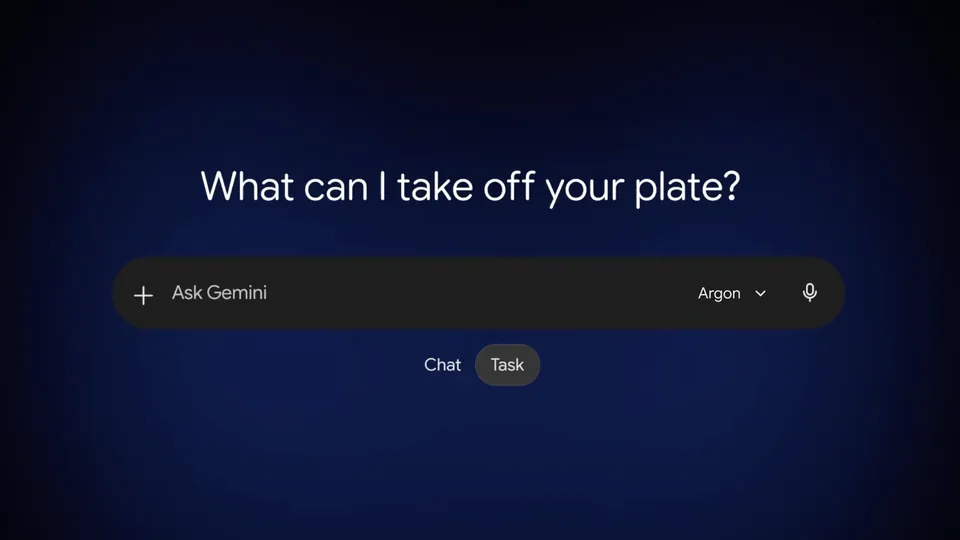 The Gemini app prompt box with Argon chosen in the model menu and a toggle between Chat and Task