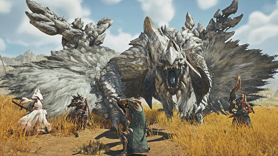 Four hunters face a huge gray monster with rocky spikes and a shaggy mane on the grassy plains in Monster Hunter Wilds