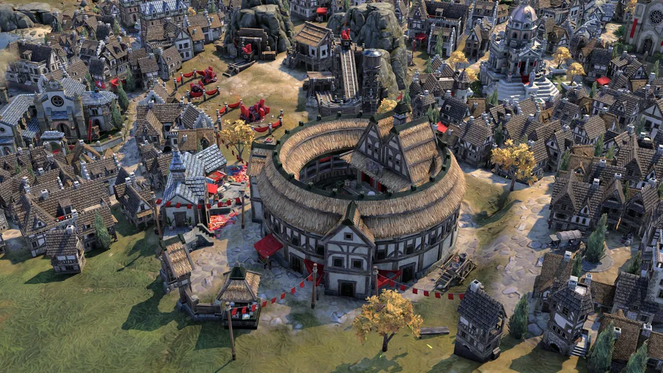 A city of timber-framed houses around a round wooden theater in Civilization VII, from the Hall of History Collection.