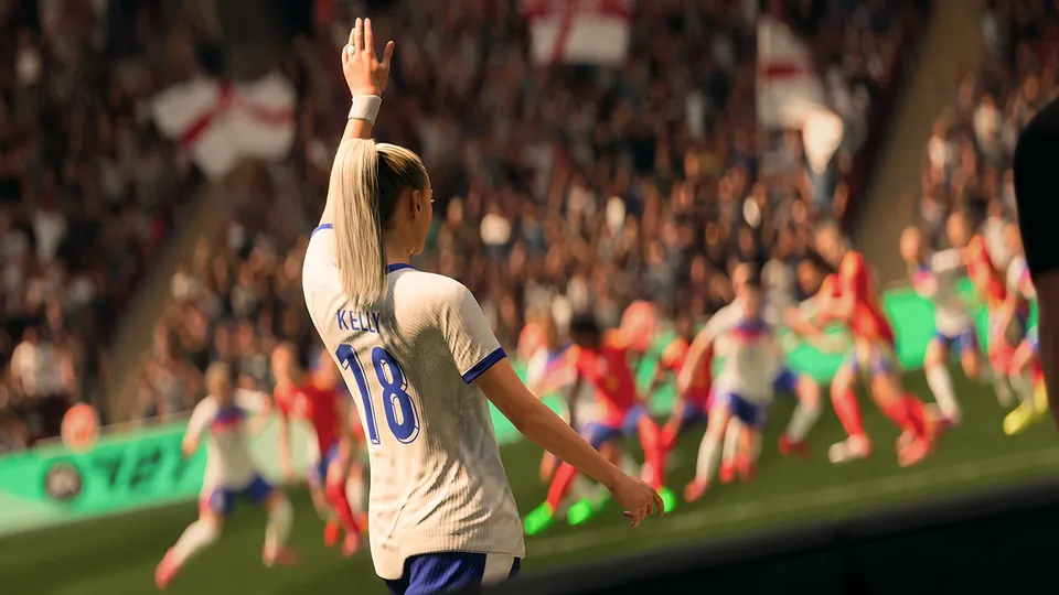 An England player in a white No. 18 shirt raises an arm before a corner kick in a packed stadium, in EA Sports FC 27