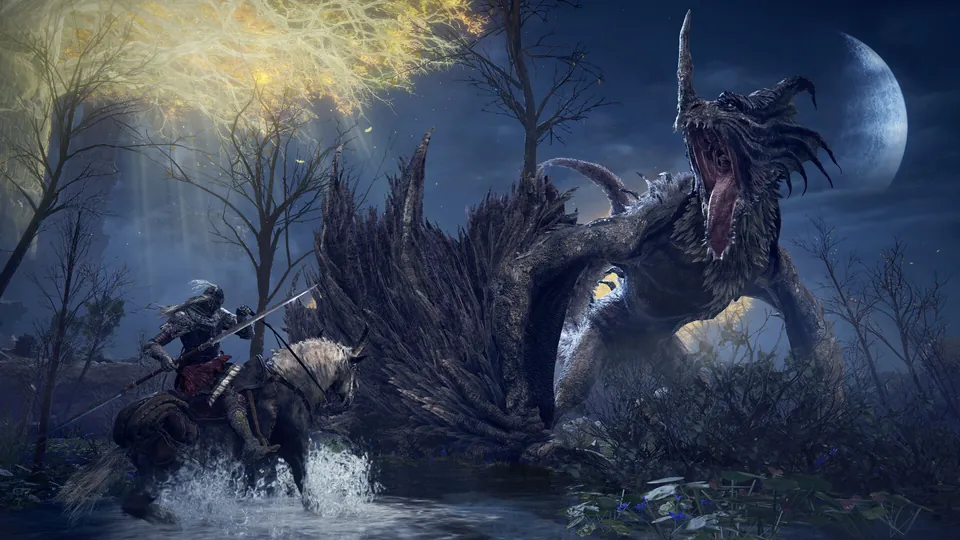 A rider with a lance charges a giant dragon in a moonlit swamp in Elden Ring