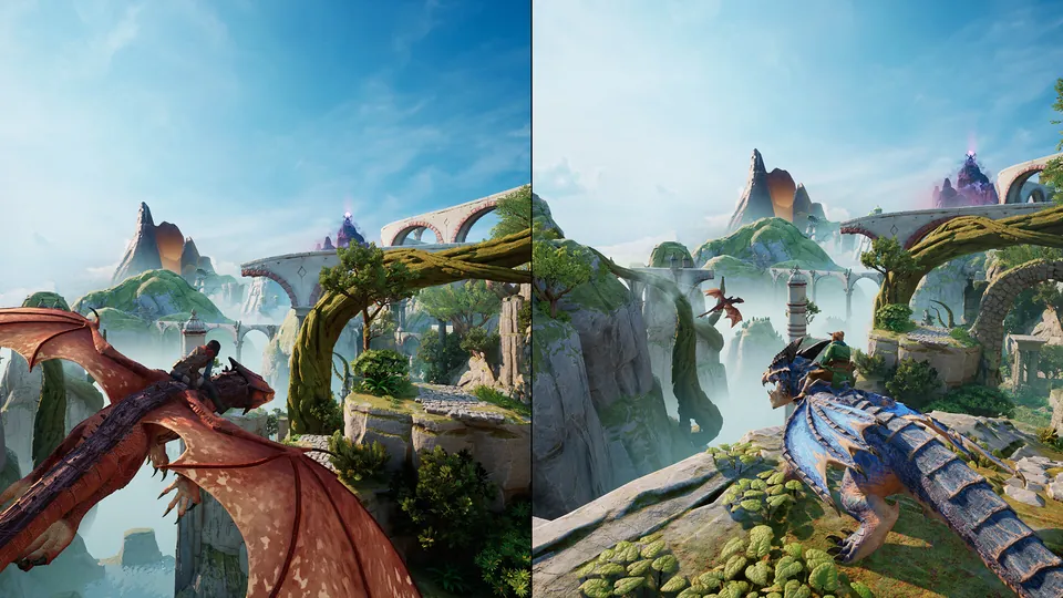 Split-screen view of Mio and Zoe riding two dragons over a lush fantasy valley in Split Fiction.