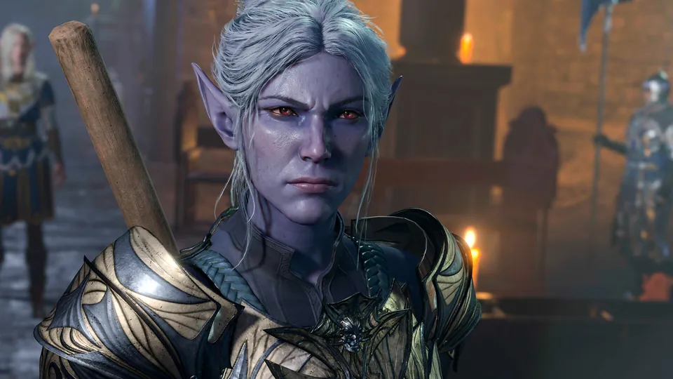 A drow warrior with silver hair and a gold-trimmed armor stands in a dim stone hall