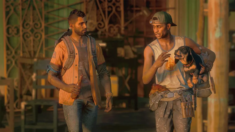 Two guerrilla fighters talk in a courtyard, one holding a small dog, in Far Cry 6