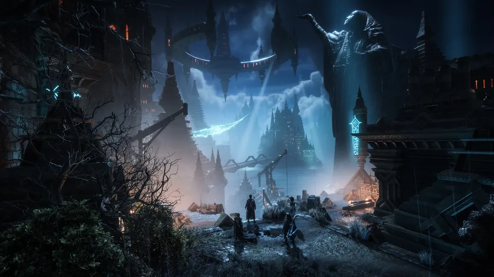 A dark city skyline with towers and glowing lights over a crowded square in Dragon Age: The Veilguard