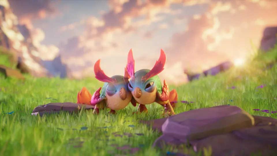 Two round birdlike creatures with pink crests stand in a sunlit meadow in Spyro: A Realm Beyond