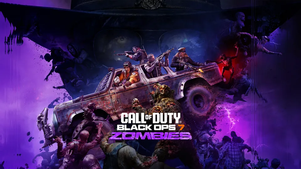 The Black Ops 7 Zombies crew riding a pickup truck through a purple storm of zombies