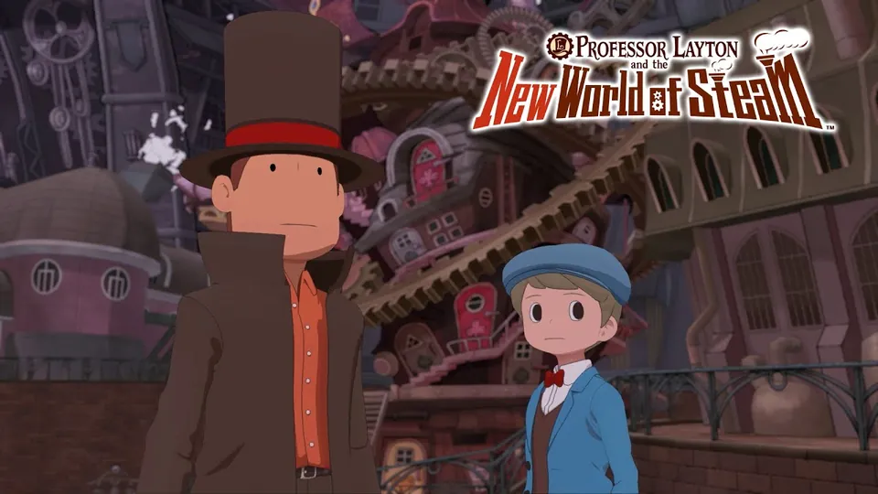 Layton and Luke stand in front of a tall building wrapped in giant gears and spiral walkways