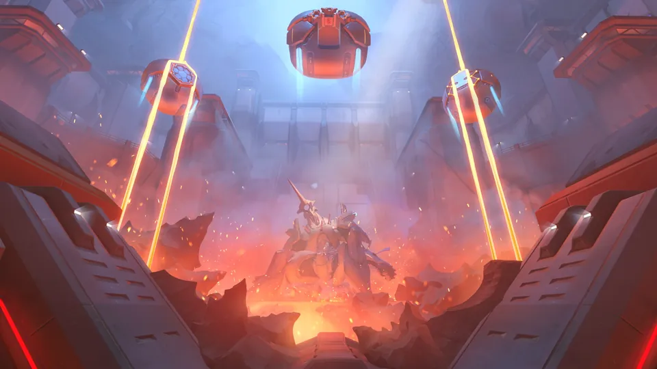 Red security drones firing orange beams into a lava-filled prison hall on the Watchpoint: Grímsvötn map in Overwatch