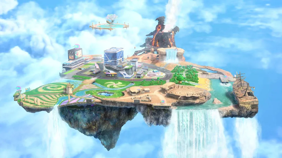 A floating island city with roads, fields and waterfalls hangs in the clouds in Kirby Air Riders.