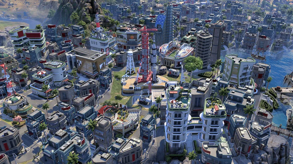 A modern coastal city with a rocket on its launch pad at the center, from the Civilization VII: Earthrise expansion.