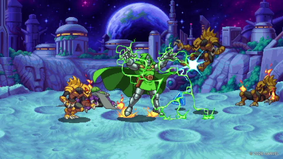 Doctor Doom casts green electric energy at golden insect-like enemies on a cratered lunar surface with domed buildings