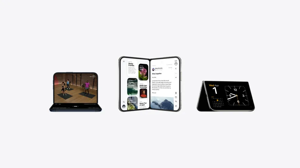 Hand holding an open iPhone Duo with a video and a Messages chat on the inner screen