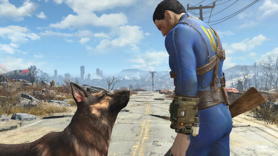 A vault dweller in a blue Vault-Tec jumpsuit looks down at Dogmeat on a cracked road outside Boston in Fallout 4