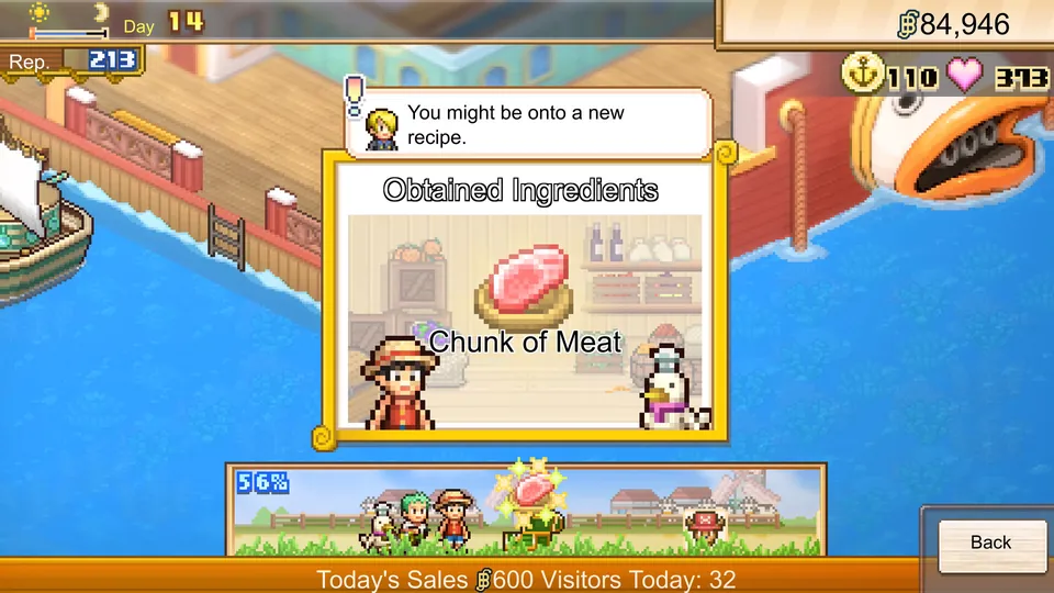 A new ingredient, Chunk of Meat, is unlocked at the restaurant by the harbor in One Piece: Grand Gourmet