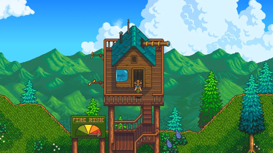 A wooden lookout tower with a fire risk gauge stands on a green mountainside in Haunted Chocolatier