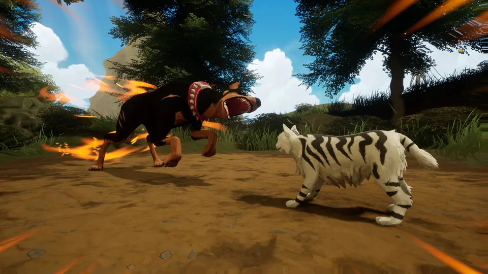 A white tabby cat faces a snarling Dobermann in a turn-based battle in Warrior Cats: Clans of the Forest