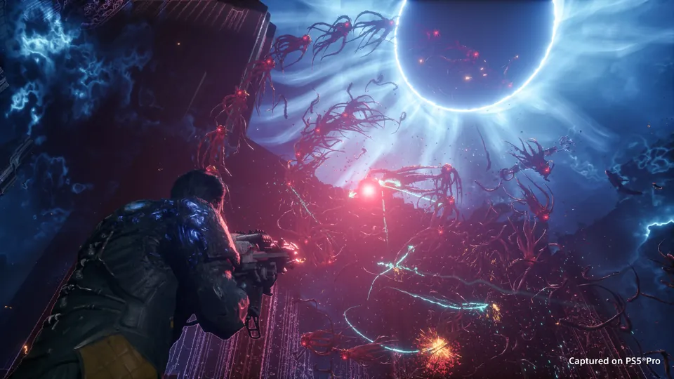 Arjun aiming a rifle at a swarm of red creatures under a blue eclipse in Saros