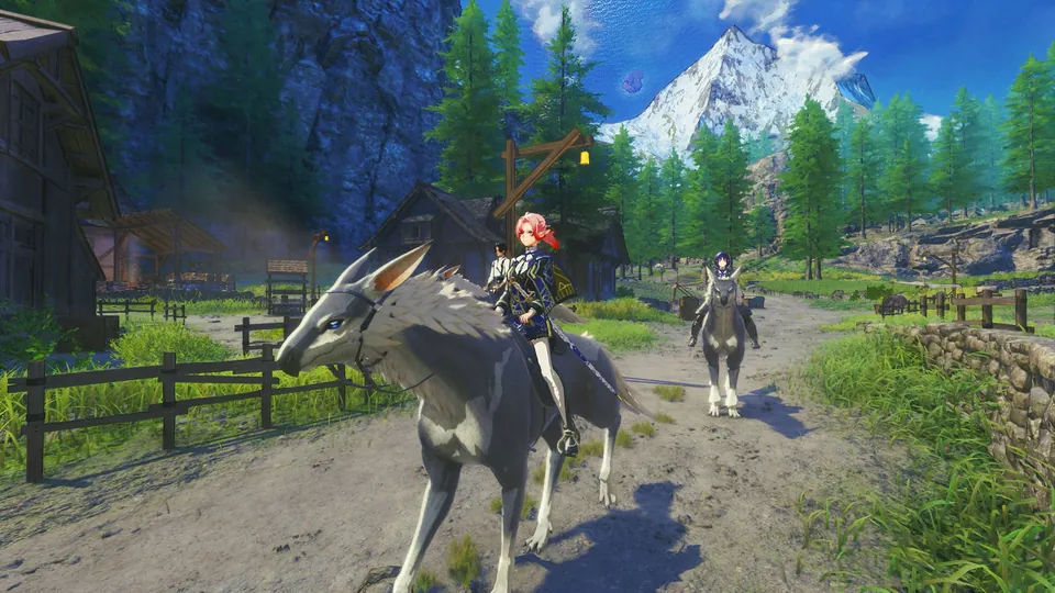 Two riders on grey mounts travel a dirt road through a mountain village in Xenoblade Genesis
