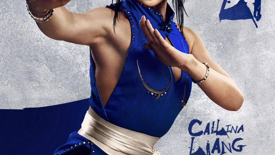 Callina Liang as Chun-Li in a blue qipao, in a fighting stance, on a Street Fighter character poster