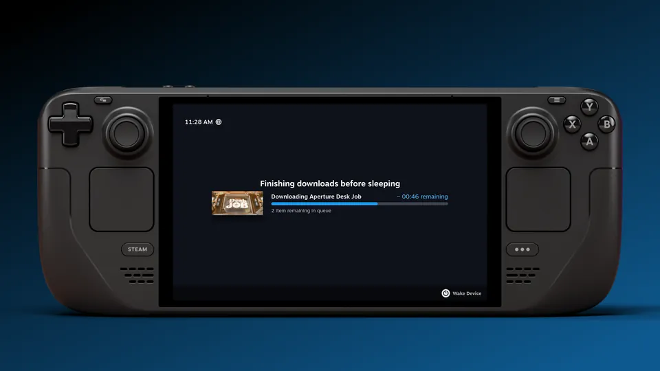 A black Steam Deck on a dark blue background finishing a game download