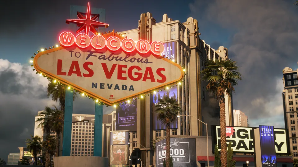 The Welcome to Fabulous Las Vegas sign stands before hotel towers on the free Vegas Strip map in Battlefield 6