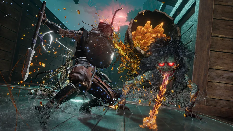 A fighter with a short spear and a shield strikes a red-eyed yokai in a burst of gold sparks in Nioh 3 Hell Rising.