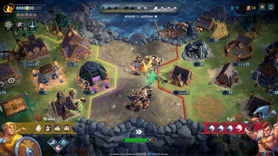 A hex map of rival Viking villages with buildings and battling warbands in Northgard Battlegrounds