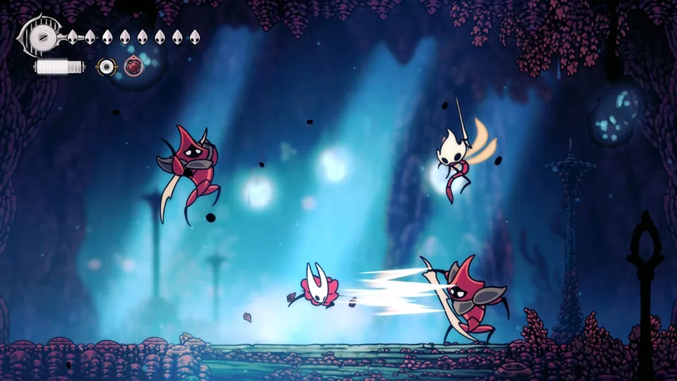 Hornet dashes through a blue cave while red winged bugs attack in Hollow Knight: Silksong