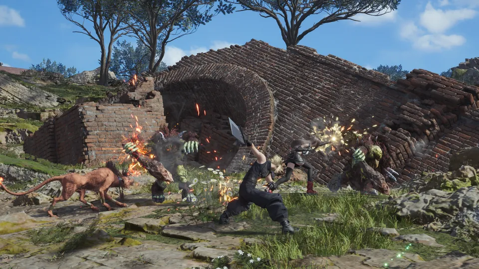 Cloud and Red XIII fight monsters beside a ruined brick arch in the Grasslands in Final Fantasy VII Rebirth on Nintendo Switch 2