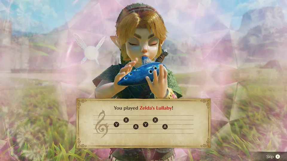 Young Link plays Zelda's Lullaby on the blue ocarina, with the button notes shown on a scroll below.