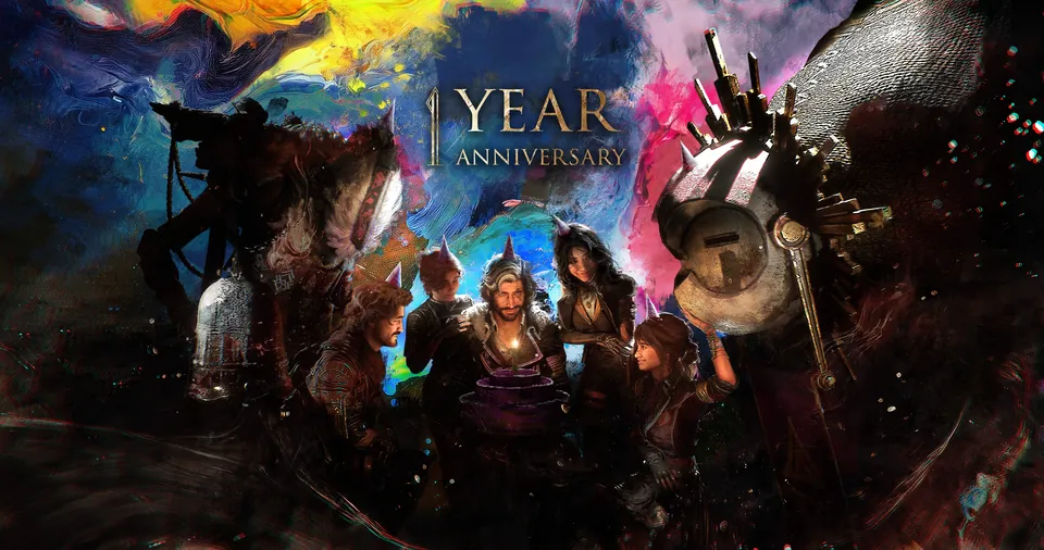 Colorful anniversary artwork of the Expedition party with Esquie and the Paintress