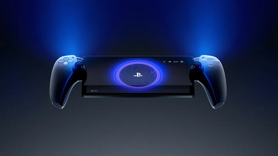 The PlayStation Portal remote player glowing blue against a dark background.