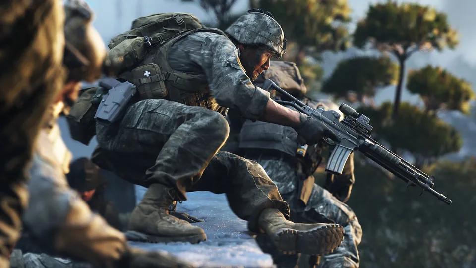 South Korean soldiers crouch with rifles on a frosty hillside in Call of Duty: Modern Warfare 4