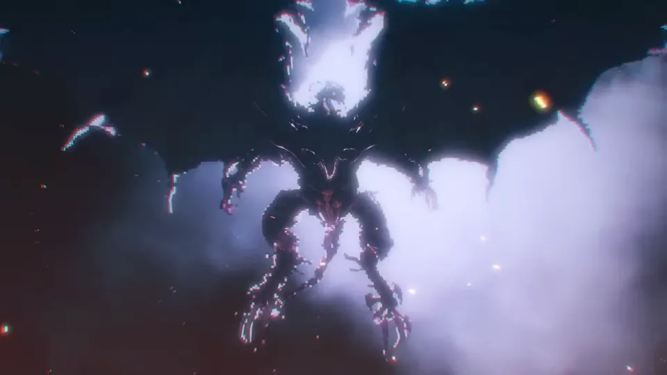 A huge winged dragon rises out of glowing mist in Final Fantasy Resonance pixel art