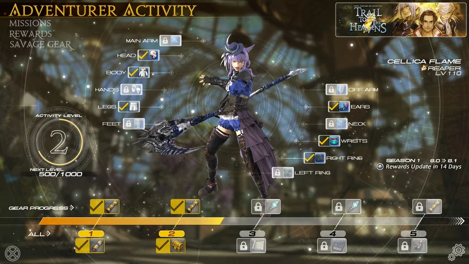 A Seasons menu shows a level 110 reaper's gear progress and activity level in Final Fantasy XIV: Evercold