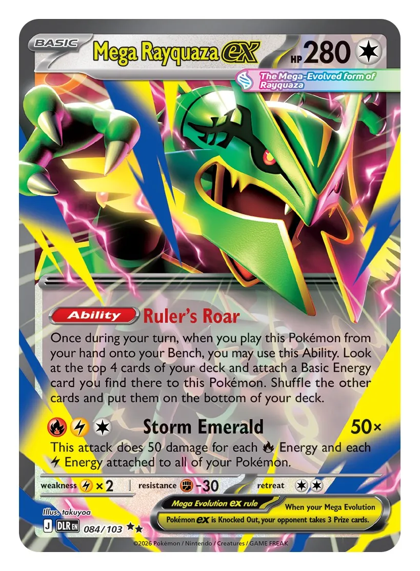 Mega Rayquaza ex card, a Basic Pokémon with 280 HP, the Ruler's Roar Ability and the Storm Emerald attack