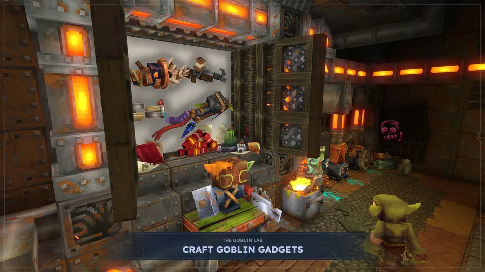 A goblin crafts gadgets at a glowing workbench inside the Goblin Lab in Hytale
