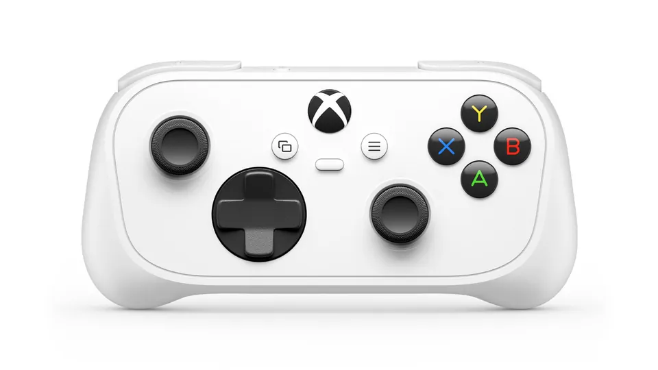 The white Xbox Nano Controller from the front: two sticks, a large d-pad and the ABXY buttons