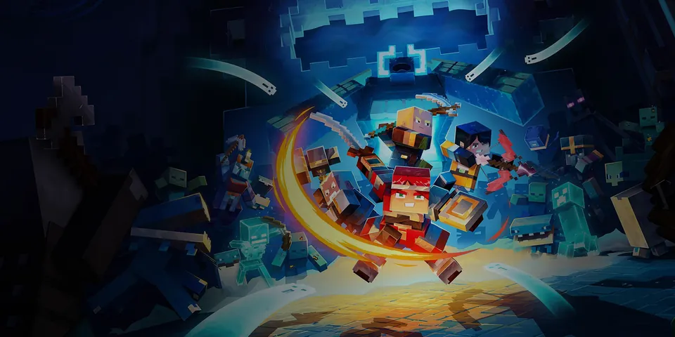 Blocky Minecraft heroes swing weapons at a horde of mobs in key art from Microsoft's Xbox site