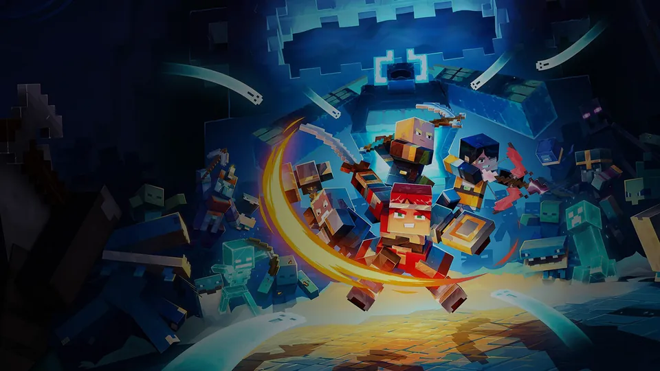 Blocky Minecraft heroes swing weapons at a horde of mobs in key art from Microsoft's Xbox site