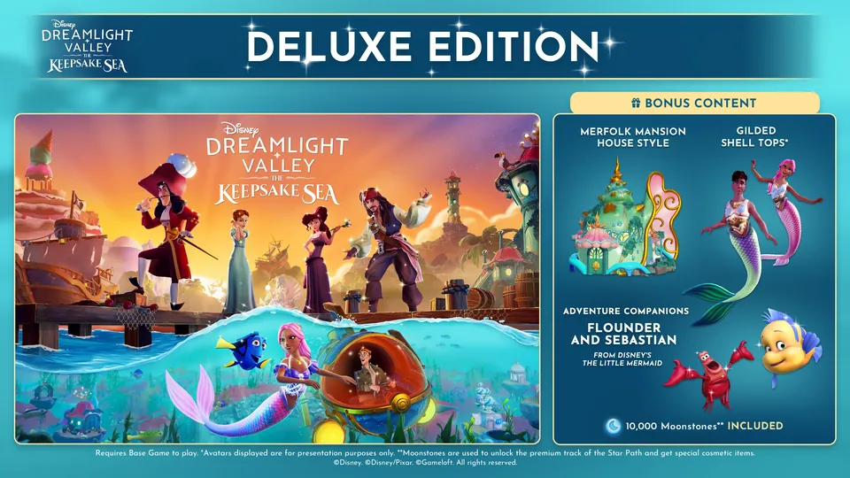 The Keepsake Sea Deluxe Edition bonus content: a green coral house, two avatars in shell tops, a red crab and a yellow and blue fish, and 10,000 Moonstones