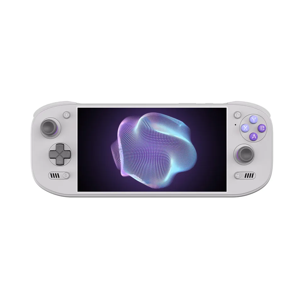 The Cold Grey AYN Odin 3 Portal handheld from the front, with purple face buttons and purple rings around the sticks
